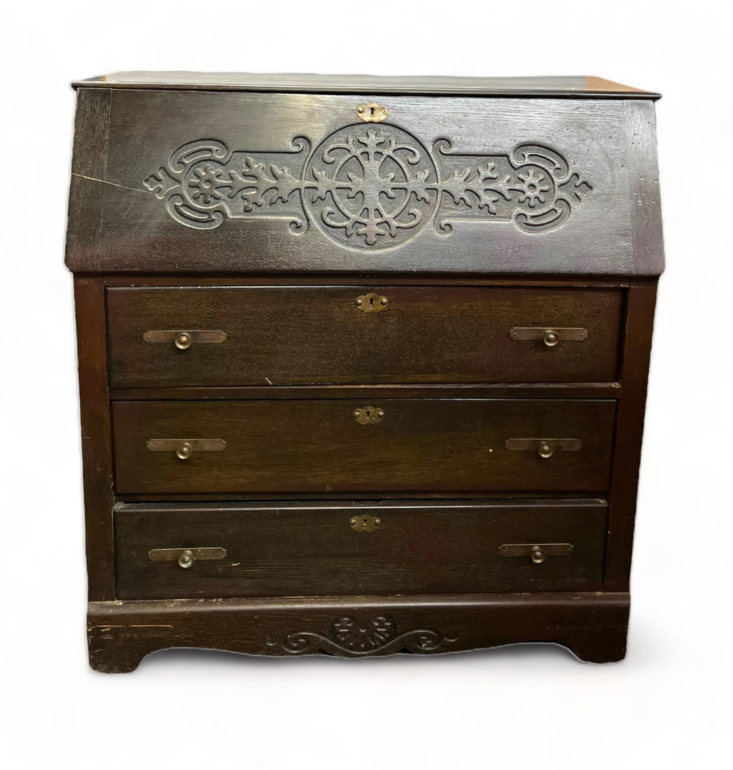 Oak Slant Front Secretary Desk. (1 of 3)