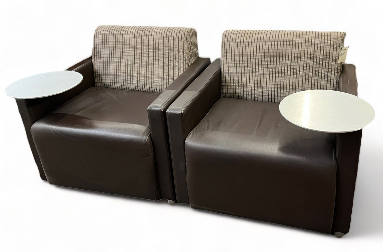 Pair of Steelcase Brayton Reception Chairs.: This is a pair of Brayton leather and fabric reception or office chairs with writing tablets. They are both in good used condition, with minor scuff marks. Each chair measures 30 1/2" wide, 28" deep, 