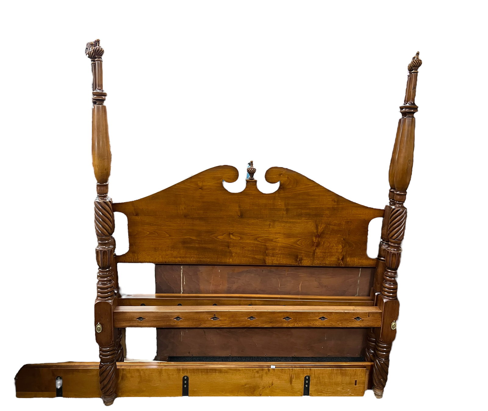 Ornate Four Poster Bed.: This is a carved queen size bed, which includes a headboard, footboard, two rails, three wood slats, and finials. The posts have a ring and barley twist design. The bed is sturdy and in good used cond