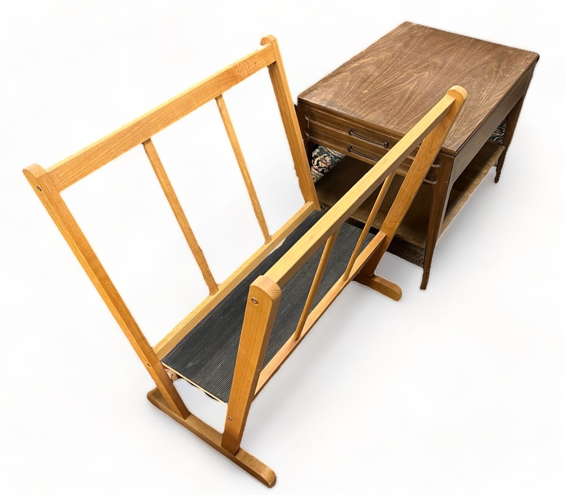Walnut End Table & Large Print Holder.: The end table is manufactured by the Mersman Furniture Company, and has a lower tier. The large holder is made from light wood, and can be used for art prints. Both pieces are in good condition. The t