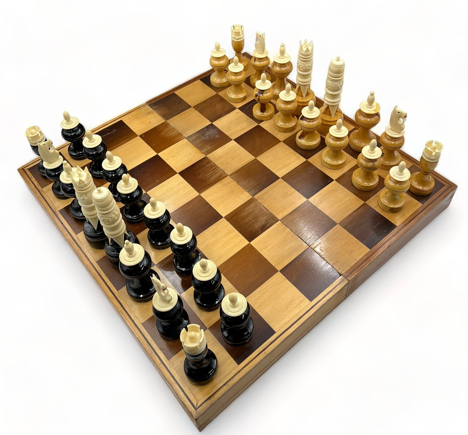Wood Chessboard w/ Bone Carved Pieces.: All the Chess pieces are there. The queens are actually the tallest pieces, measuring 5" high. The Chessboard measures 17 3/4" square. In-House Shipping is Available. Please See our Website Regarding 