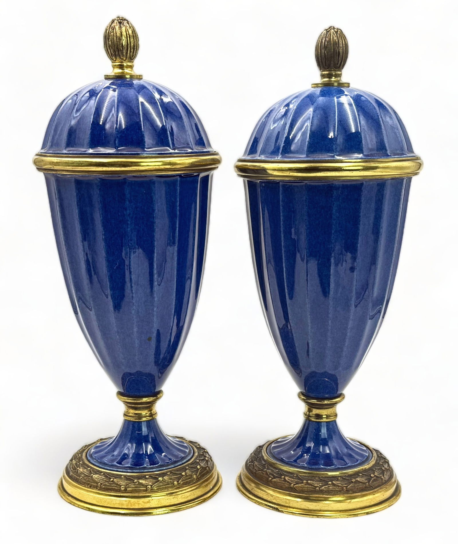Paul Milet Sevres Pair of Blue Covered Urn Vases. (1 of 3)