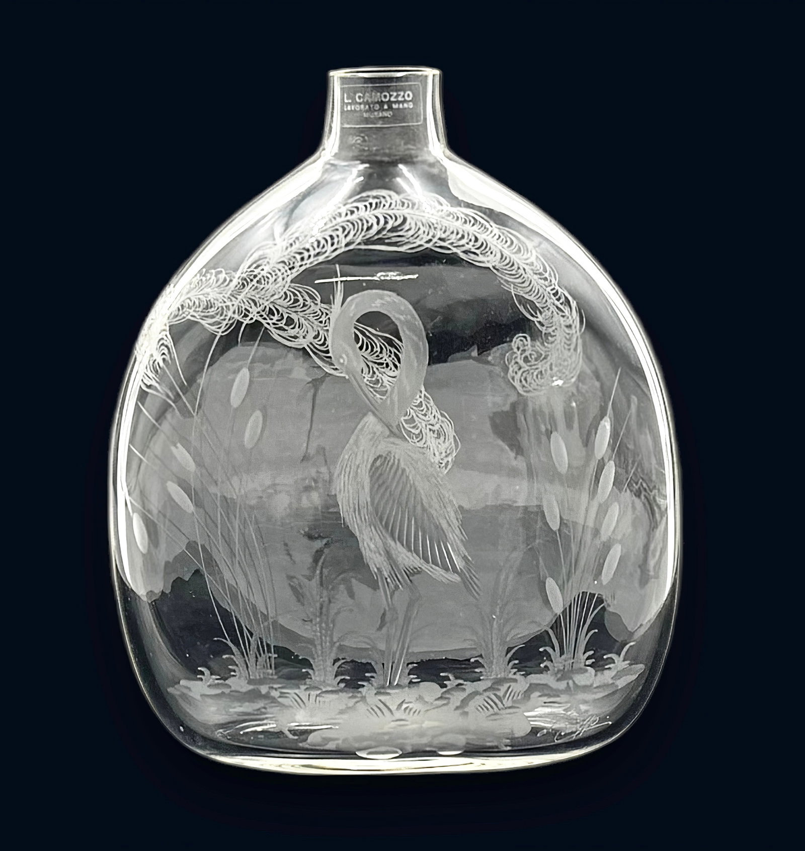 L. Camozzo Murano Etched Glass Vase w/ Crane.: The vase Still has the original sticker. It looks to be in Nice condition. Its Measurements are 5 3/4" x 2 3/4" x 7 1/4". In-House Shipping is Available. Please see our Website regarding In-House Ship