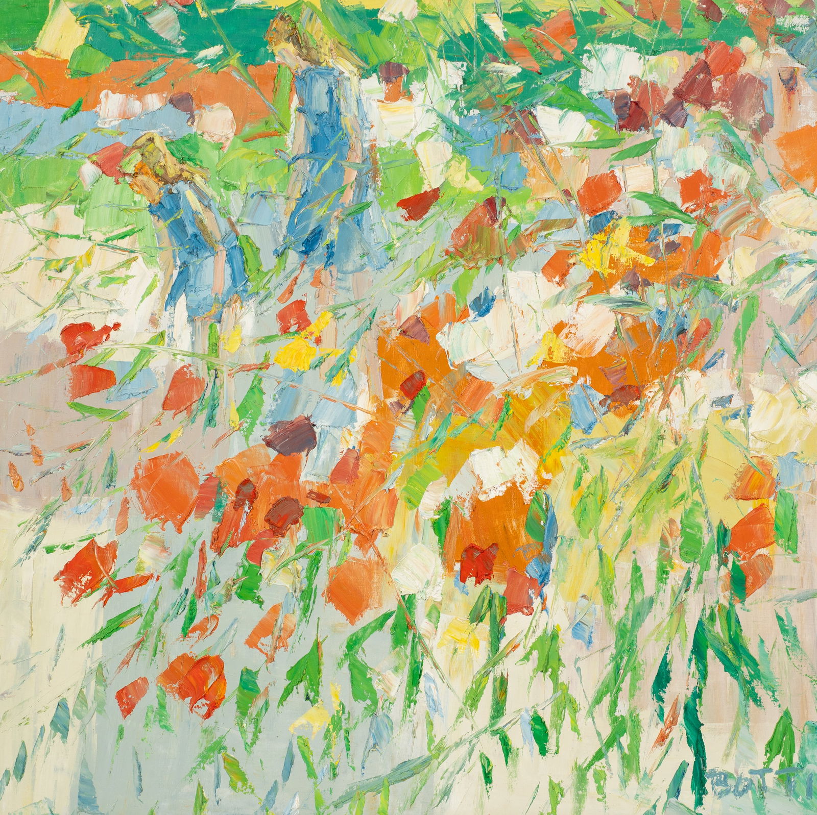 Impressionist Impasto Painting, Italo Botti.: Italo George Botti (1923 - 2003). This textured oil painting on canvas is signed "Botti" lower right. It is housed in a thick gilt frame with a green velveteen border. It is in Good overall condition,