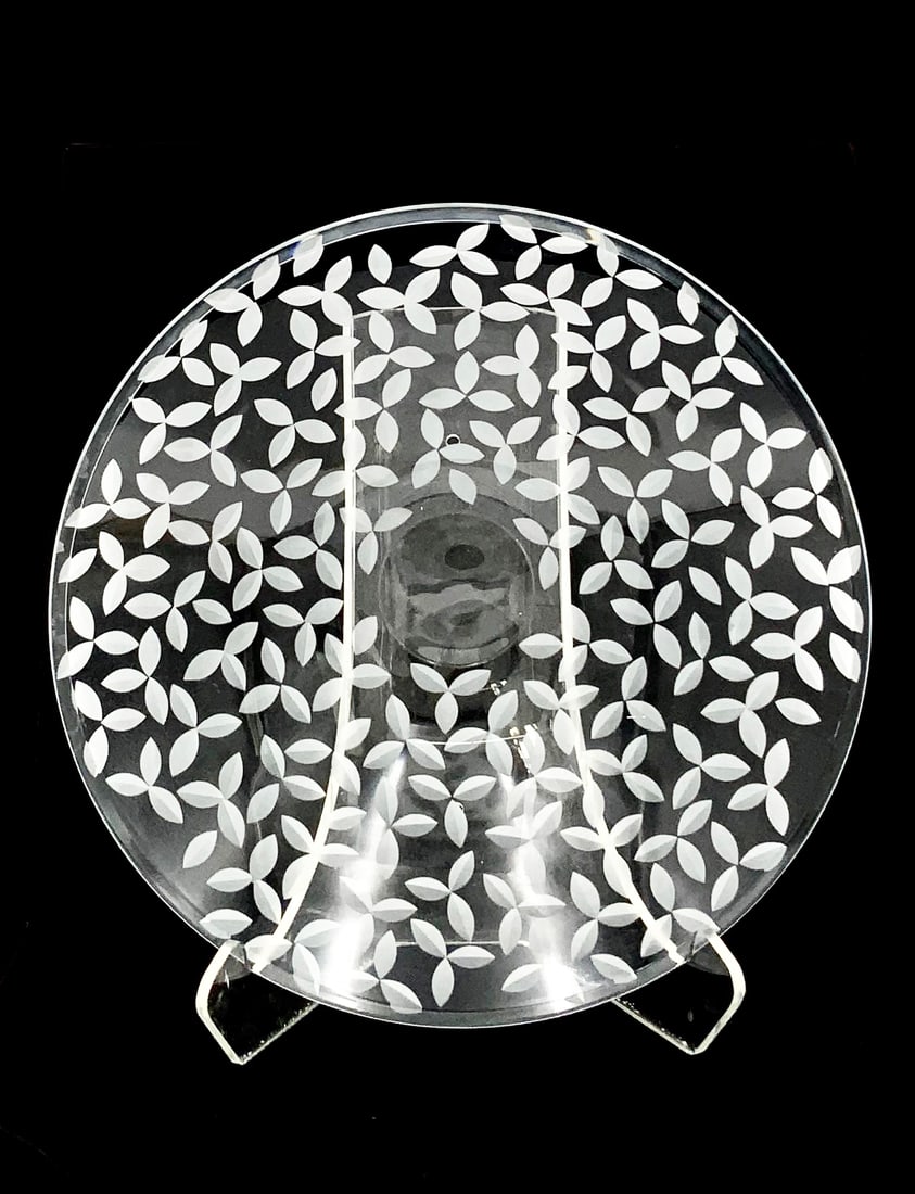 Tiffany & Co. Crystal Bowl w/ Etched Leaves.: It is Signed on the Underside. There are a few small Scratches, but overall, it looks to be in Good condition. It Measures 14" in diameter, and 3 1/2" tall. In-House Shipping is Available. Please see 