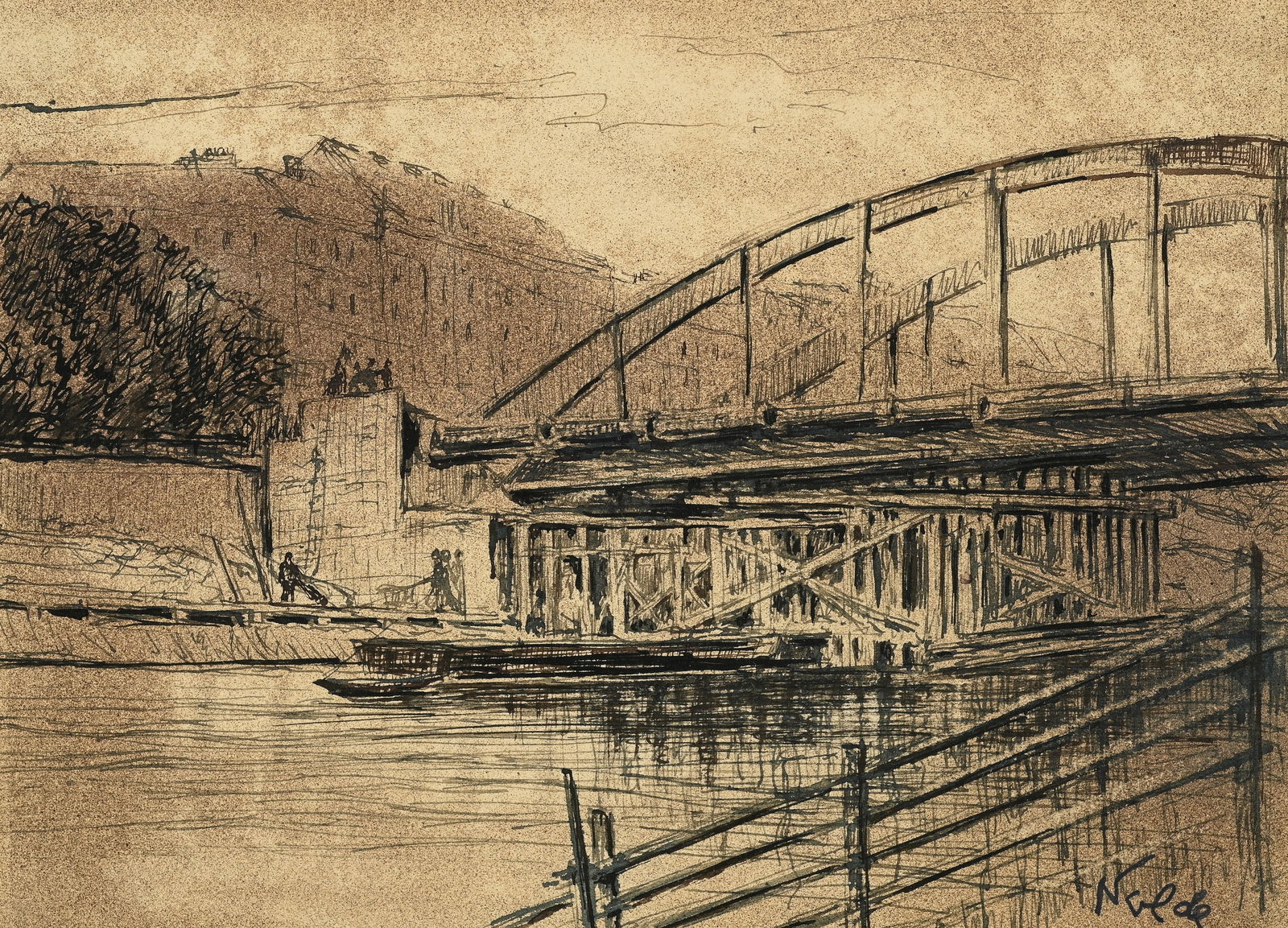 Mixed-Media Composition, Signed "Nolde".: This small mixed-media work is signed "Nolde", lower right. The attached plaque attributes this to Emil Nolde (German, 1867-1956), a member of Die Brucke. The work is housed in a silver gilt frame wit