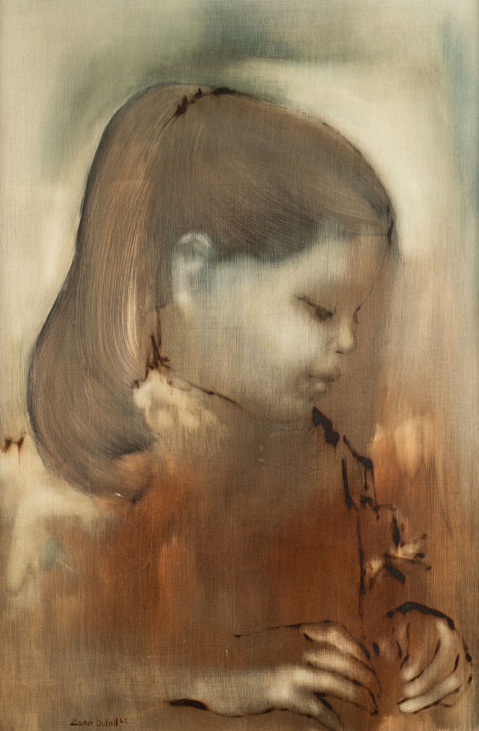 Portrait of a Girl by Zora DuVall.: Zora DuVall (Czech/American, b. 1927). This oil painting on wood board is signed 'Zora DuVall, '65", lower left. The work depicts a profile of a girl smelling a flower. It is housed in a gray wooded f