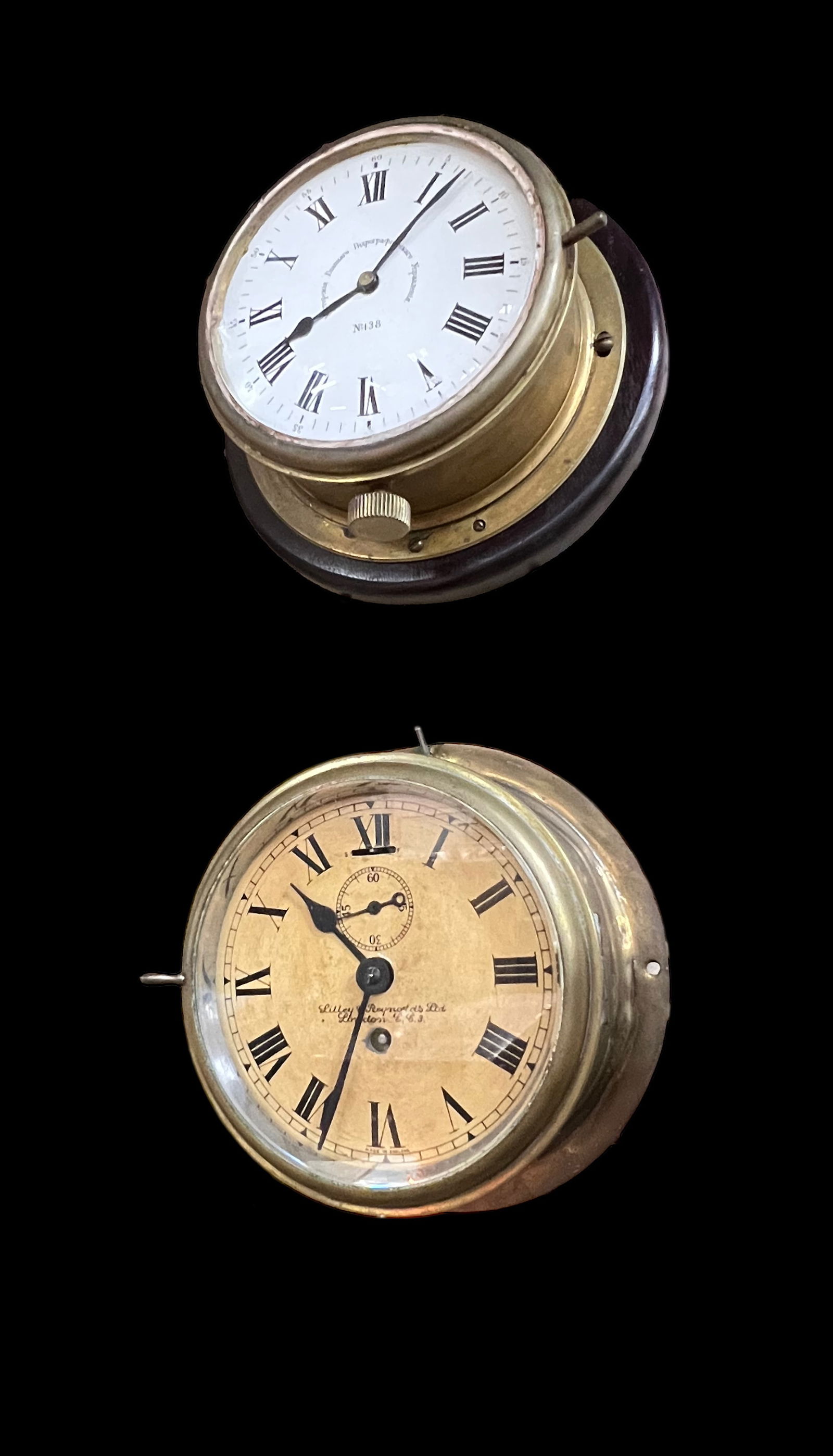 Lot: 2 Small Brass Wall Clocks - Russian & English (1 of 2)