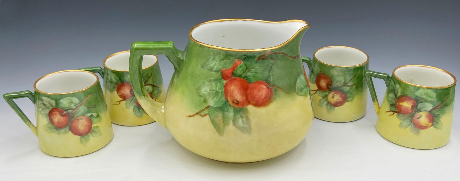 Lot: 5 Pcs.- Painted Pitcher & Mugs w/ Apple Motif (1 of 2)