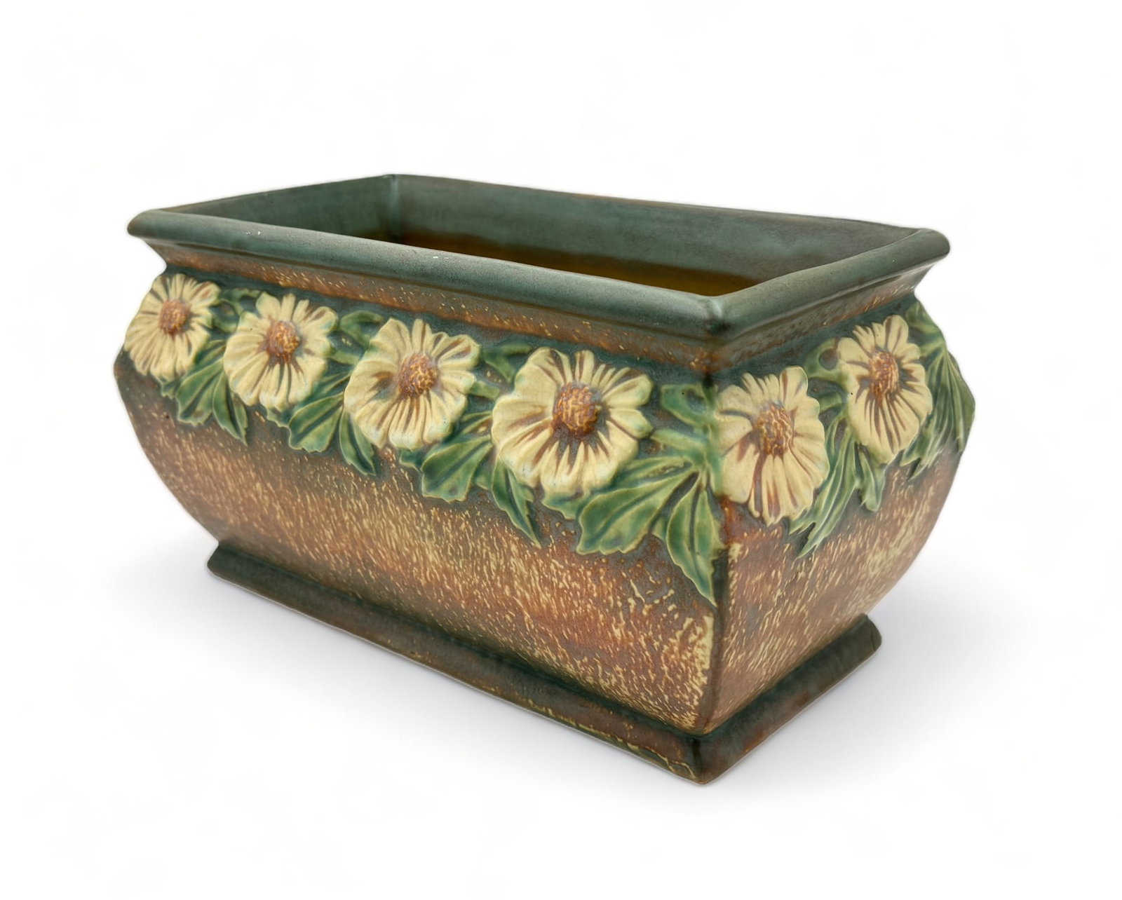 Roseville Pottery "Dahlrose" Planter.: The underside is Unmarked. The Planter looks to be in overall Good condition, with a faint Crack on one side. Its Measurements are 11 1/2" x 6 1/2" x 6". In-House Shipping is Available. Please see our
