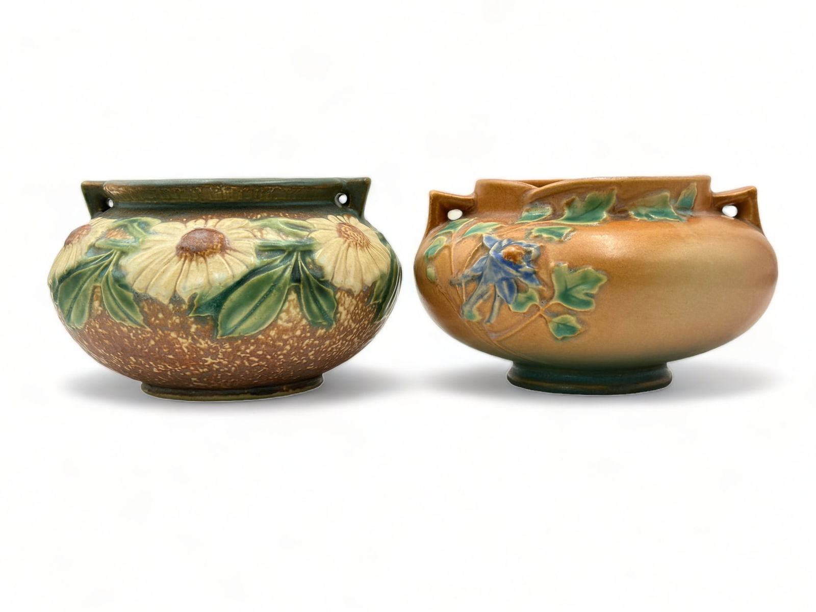 Lot Of 2 Roseville Pottery Vase Bowls W/ Handles. Auction