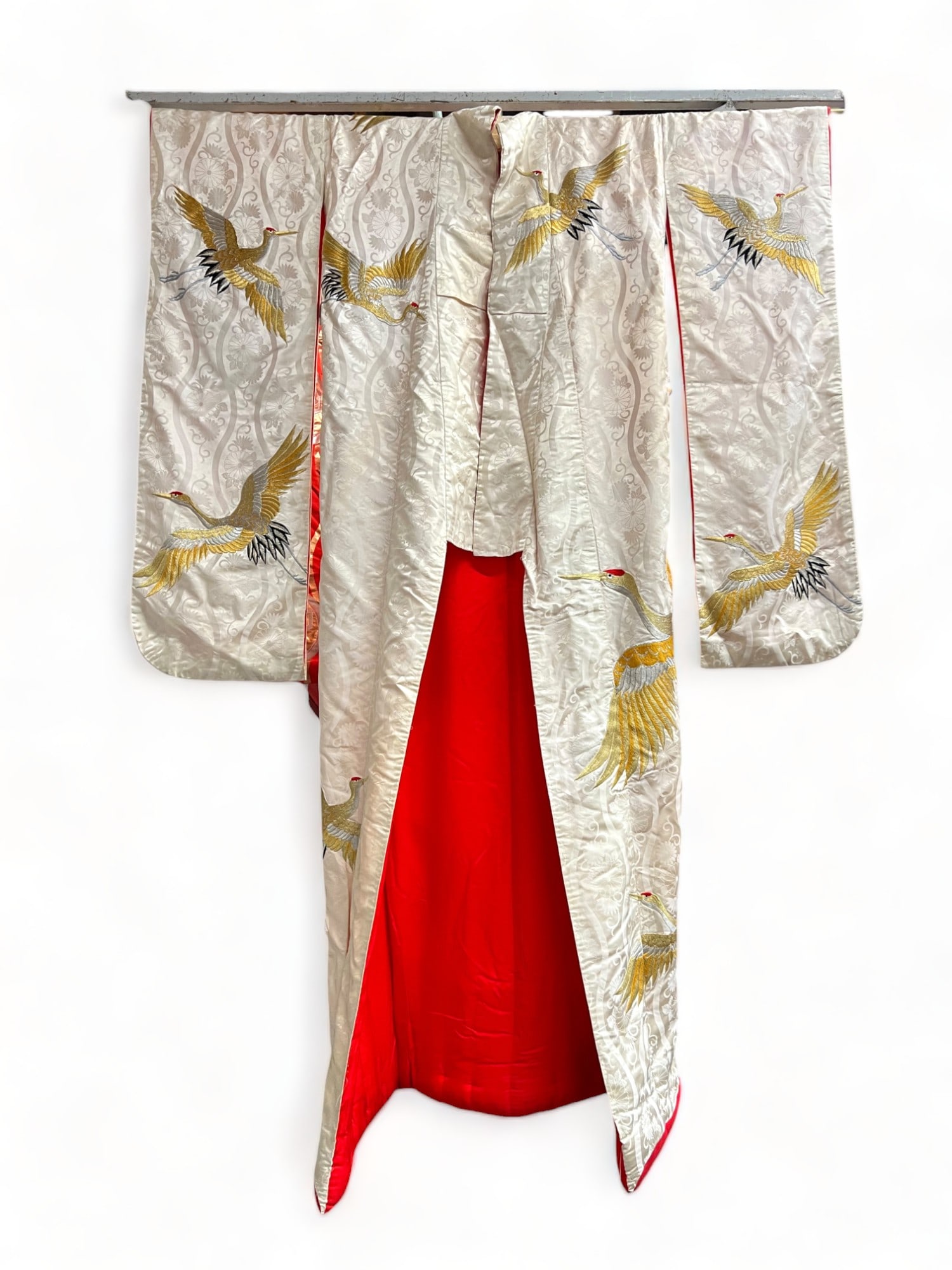 White Japanese Wedding Kimono.: This white kimono is decorated with embroidered red-crowned cranes. It appears to be in good overall condition. It measures 72" long and 54" wide, with the arms extended. In-house shipping is availabl