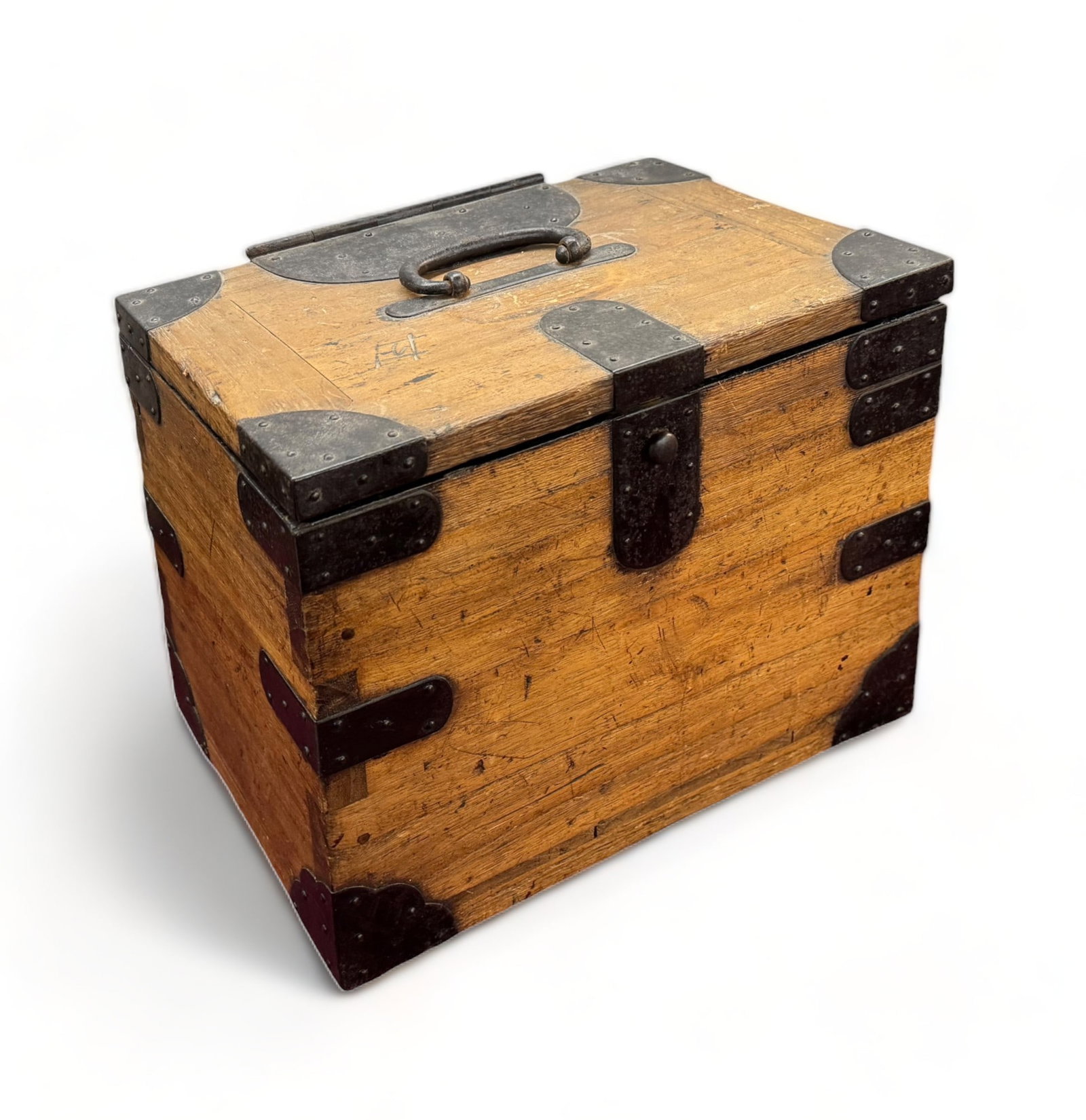 Japanese Calligraphy Storage Box.: This rustic wooden box has one upper area for storage as well as two drawers on its side. The drawers hold several locks and their keys. The box measures 8" x 12" x 9 1/2". In-house shipping is availa