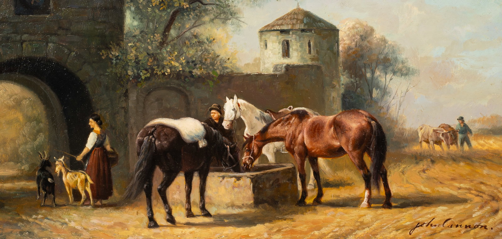 Equestrian Painting Signed John Cannon.: This oil painting on wood board is signed lower right. It depicts an array of farm animals, with horses at a watering trough in the center. The board measures 8" x 16", and the frame measures 14" x 22