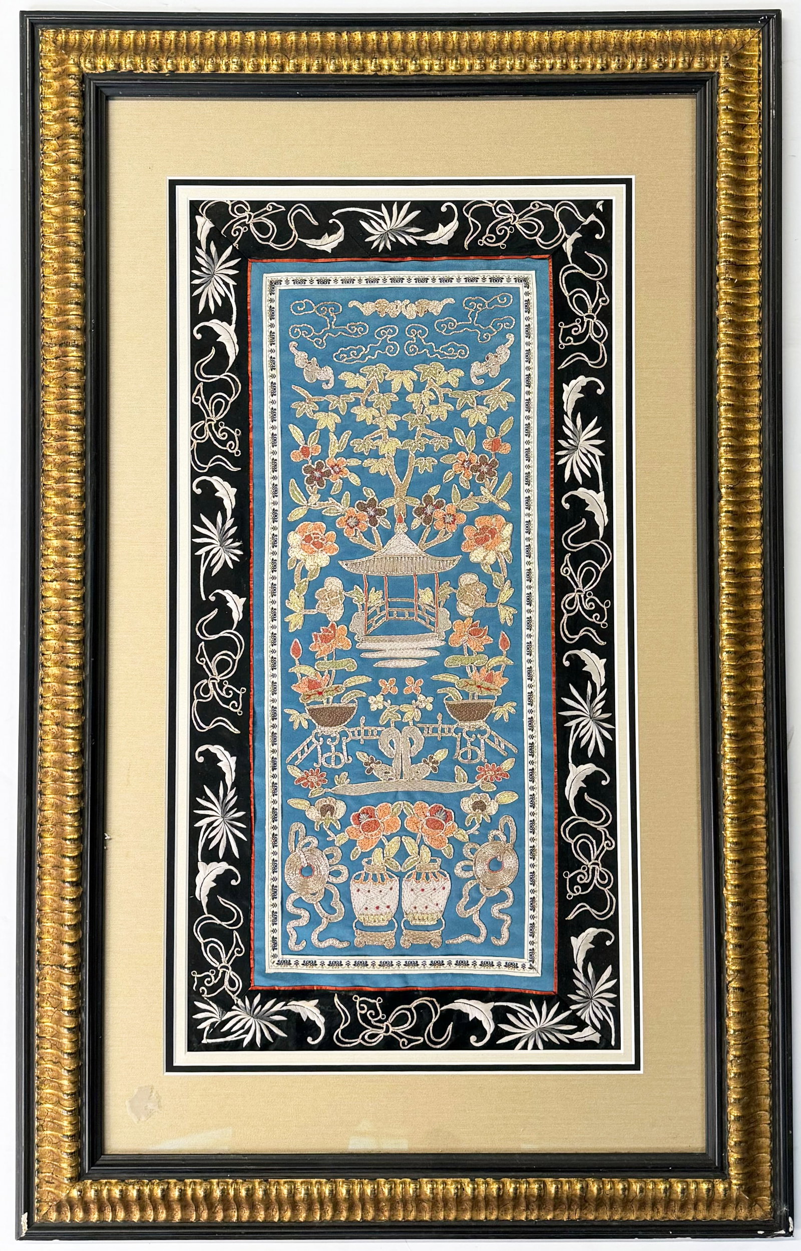 Chinese Embroidery with Gold & Silver Color Thread: The Embroidery is quite attractive, and in very good condition. The frame has a little paint loss, but is in otherwise good overall condition. The tapestry size measures 24 1/4" x 12 1/4". The frame m