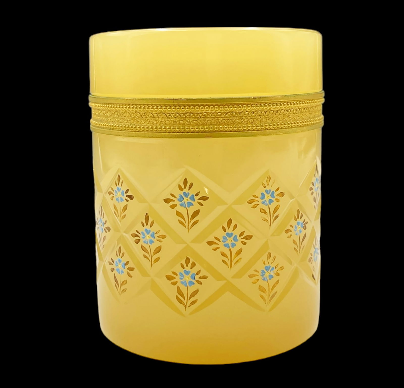 Opaline Glass Cylindrical Box w/ Flower Motif. (1 of 3)