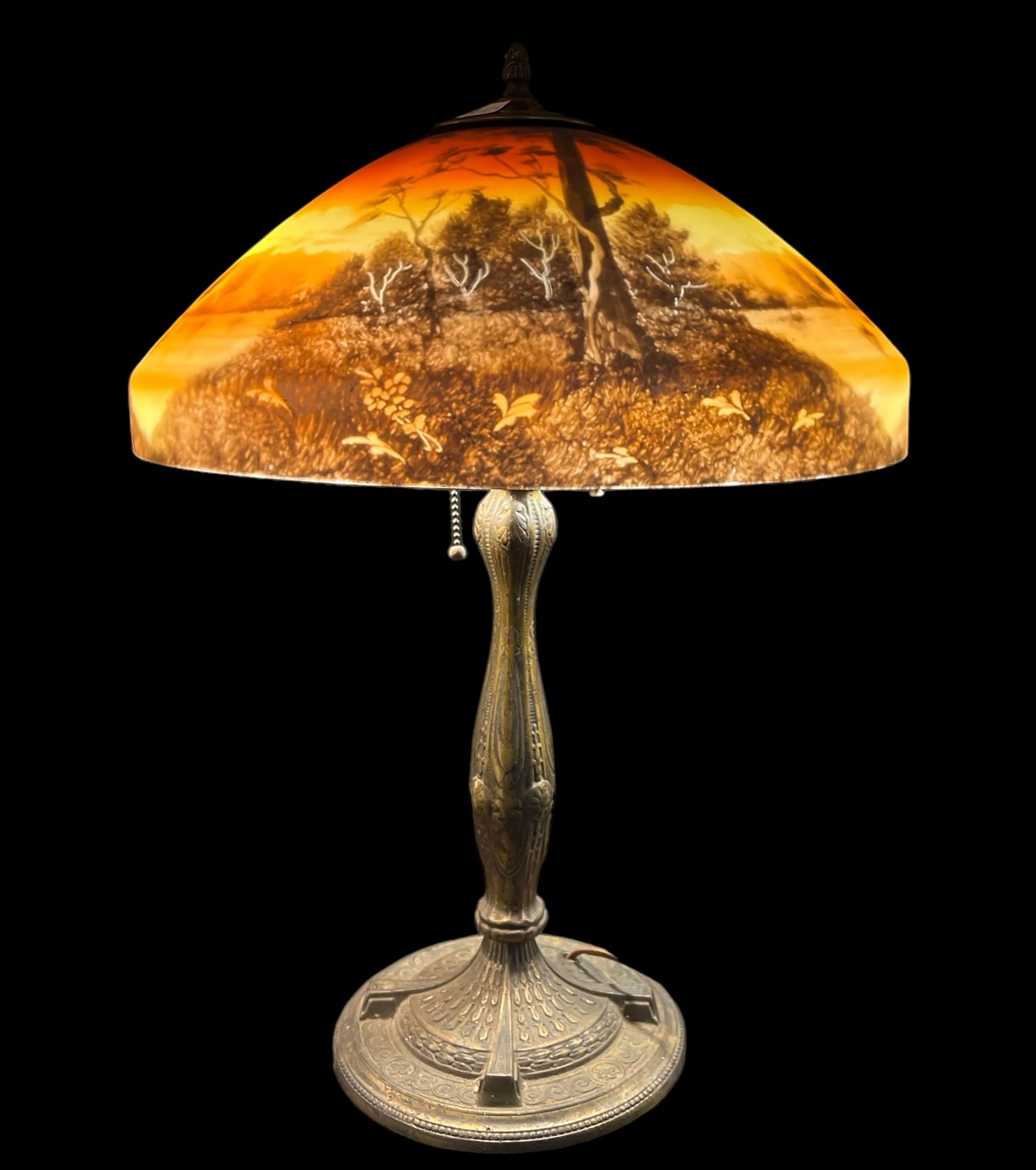 Reverse Painted Lamp w/ Lakeside Scene. (1 of 3)