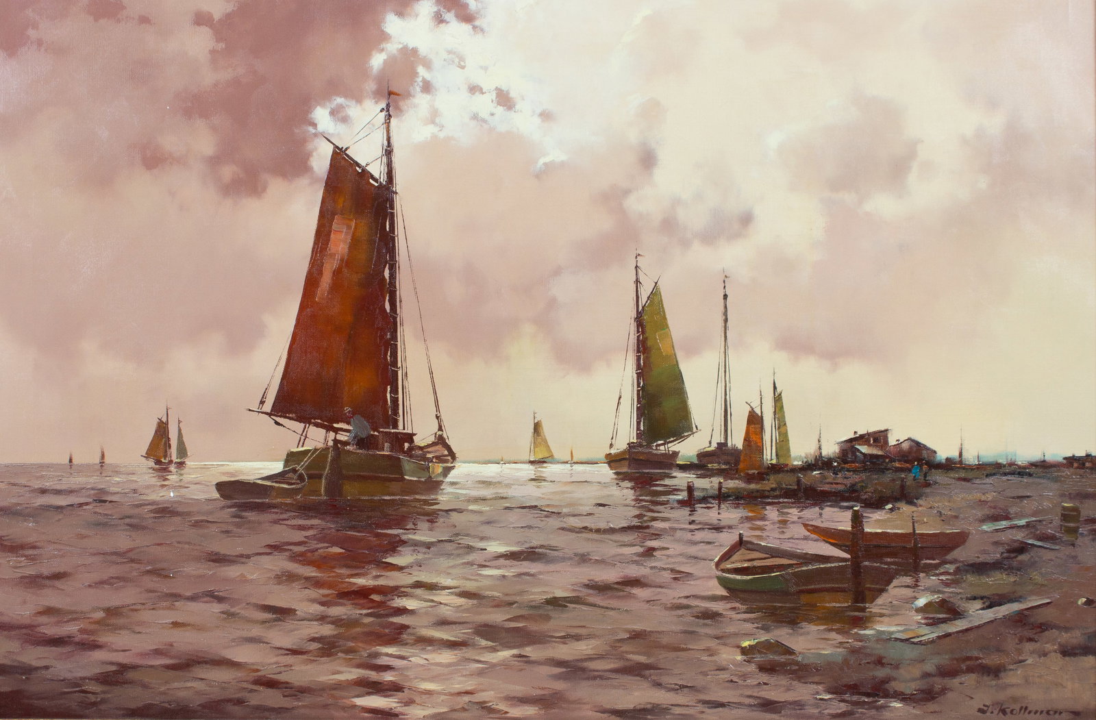 Oil Painting of Harbor Scene, J. Kollman. (1 of 6)