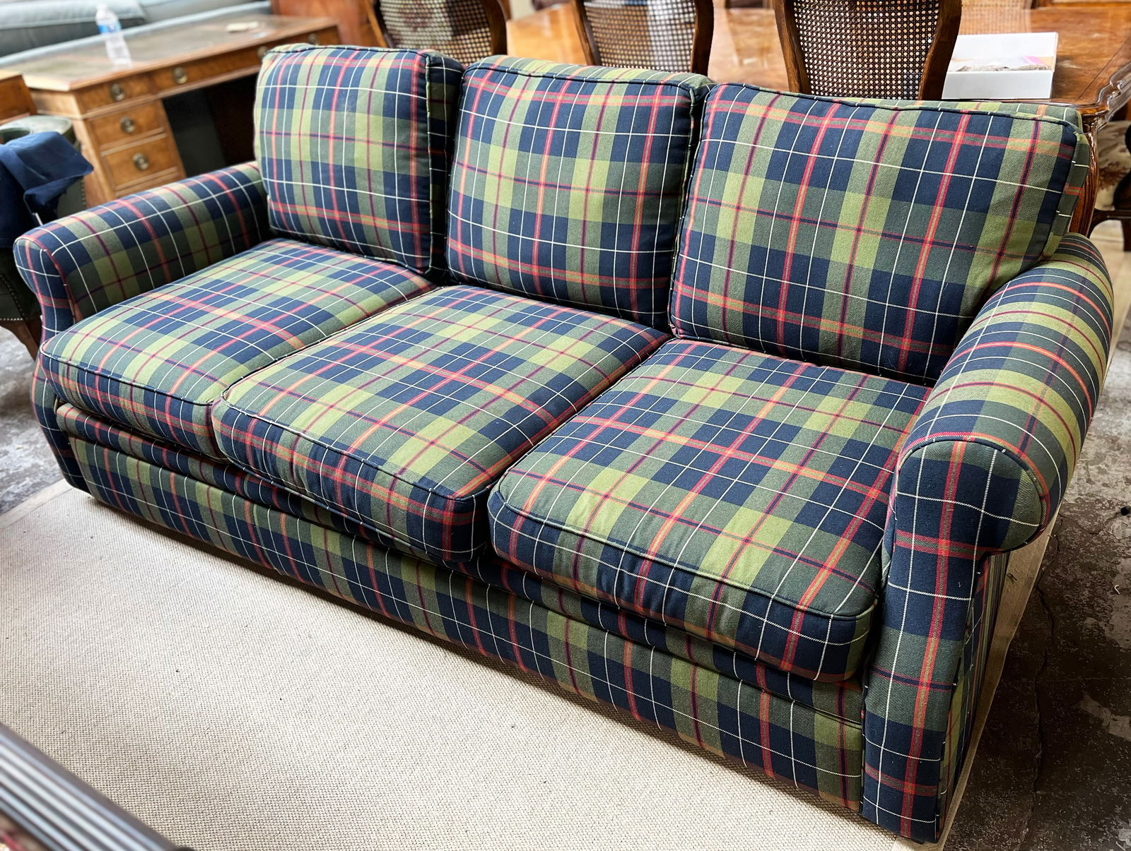 Urban Casuals Plaid Sofa.: The sofa has three removable cushions. It is in good condition, and measures 89" wide, 40" deep, and 32" tall. Third-party freight shipping or personal pickup is required. Please see our website for o