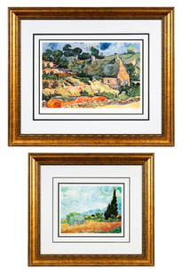 Lot of 2 Framed Vincent van Gogh Giclee Prints.: This lot contains "Wheat Field with Cypresses" and "Thatched Cottages", two offset giclee prints. The first is numbered 210/300, and the other is numbered 115/500. Both come with "Certificates of Auth