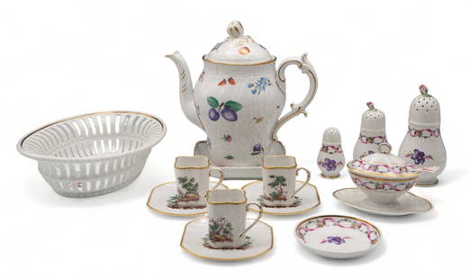 Lot of Richard Ginori China - Basket, Teapot, etc.: The Lot includes 3 salt shakers, 3 demitasse cups, 3 demitasse saucers, a reticulated bowl, a small plate, a tea or coffee pot w/ lid, a square dish, and a lidded condiment tureen with spoon and attac