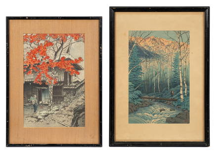 2 Japanese Woodblock Prints - Takashi & Kasamatsu.: The lot includes Takegawa River at Dawn by Ito Takashi, and House in Ontake by Shiro Kasamatsu. Both prints look to be in good overall condition, but their margins are covered by the mats. There is a