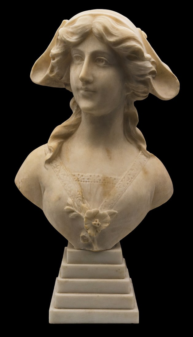 Alabaster Bust of Maiden on Tiered Marble Base.: It appears to be Unsigned. There are some small Cracks visible on her right bosom, her headpiece, and on the back of the busts' base. Overall, it looks to be in Nice condition. The marble base is atta