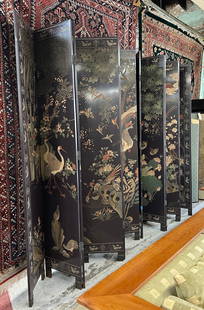 Tall Vintage Asian 12 Panel Lacquered Screen.: The screen has designs of birds and flowers. There are missing bits of lacquer - mostly along the edges, but also on the back. So one might say it's in fairly good overall condition. The screen measur