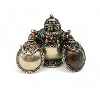 Lot: Chinese or Tibetan Snuff & Perfume Bottles.: Two are silver colored, but do not test as Silver. The two small perfume bottles have turquoise and coral stones. The larger Filigree snuff bottle has turquoise, coral, and clear pink stones. It is th