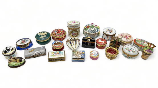 Lot of 22 Trinket Boxes- Limoges, Dresden, etc.: They are small decorative boxes, suitable for small trinkets, jewelry, tobacco/snuff, and more. 11 are hand painted Limoges hinged boxes. They include books, a heart, a trumpet case (with a porcelain