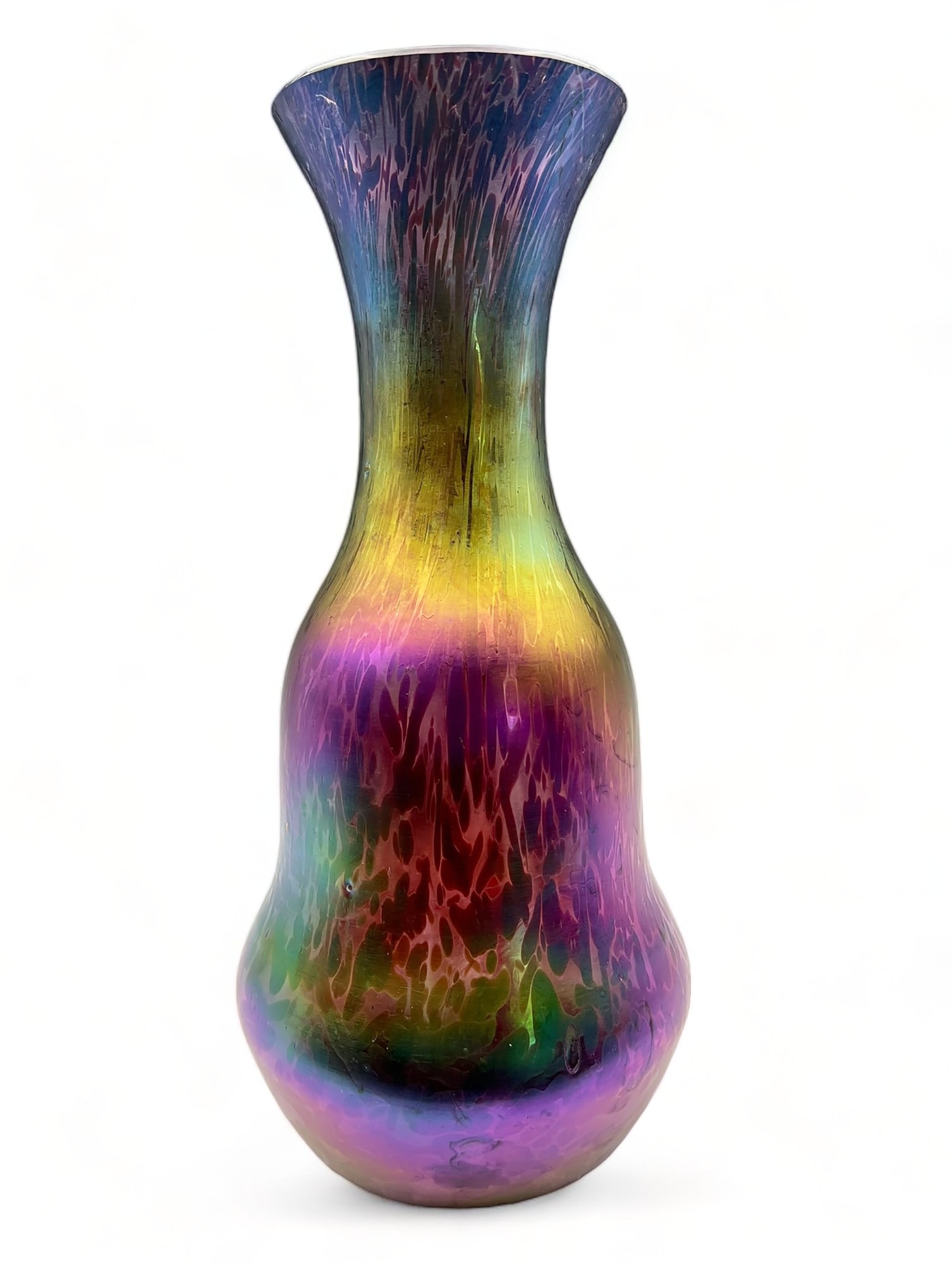 14" Tall Iridescent Papillon Art Glass Vase.: No signature has been found. The Vase is made in the style of Loetz or Kralik. The rim is flattened, but was not originally in that state. The vase looks to be in Nice cosmetic condition. In-House Shi