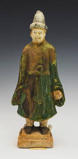 Ming Dynasty Clay Tomb Attendant Figure.: The figurine has a chipped left hand and a chipped base, but otherwise looks to be in good overall condition for its age. It comes with a tag from Ancient World in the UK, which states its age. The fi