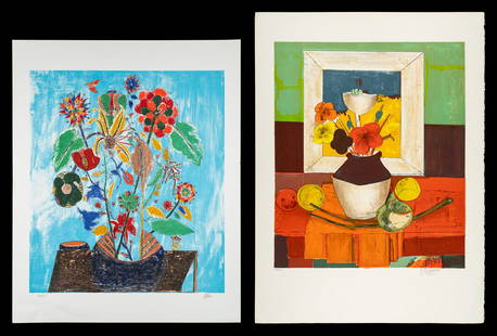 Lot of Two Prints - Alkara & Coutourier.: This lot contains a floral serigraph by Ovadia Alkara (Israel, b. 1939), and a still life lithograph by Rene Coutourier (France, b. 1933). Both are hand signed by the artists, and come with Certificat