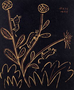 Bull Flower, Pablo Picasso Linocut Print.: Pablo Picasso (Spanish, 1881-1973). This linocut print is housed in a gilt frame with a dual-tone mat. There is foxing to the border of the print, and a crease lower middle . The image measures 10 3/4