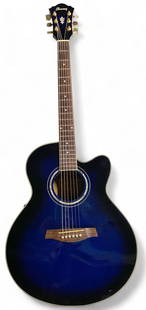 Ibanez Acoustic Electric Guitar.: This black to blue patterned guitar is equipped with a Fishman tuner and sound control, Model No. AEL20E-TBS-14-02. The guitar does not come with a case. The guitar shows minor signs of use, such as s