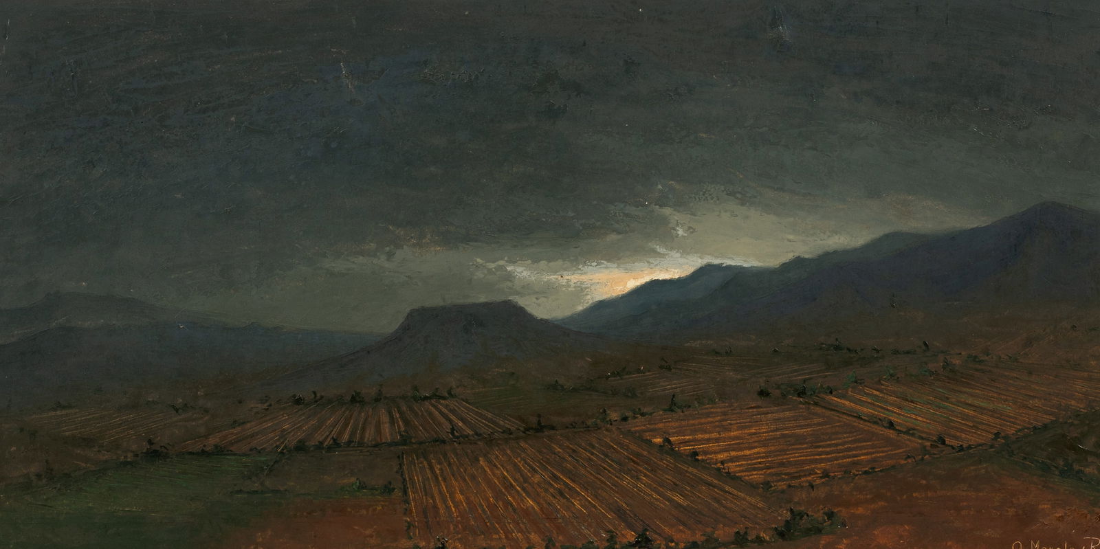 Nighttime Landscape, Attr. to Armando Morales.: Armando Morales (Nicaragua, 1927-2011). This textured oil painting on masonite is signed "A. Morales, R - 61", lower right. There is a drawing of a woman on the back of the board. The painting is hous