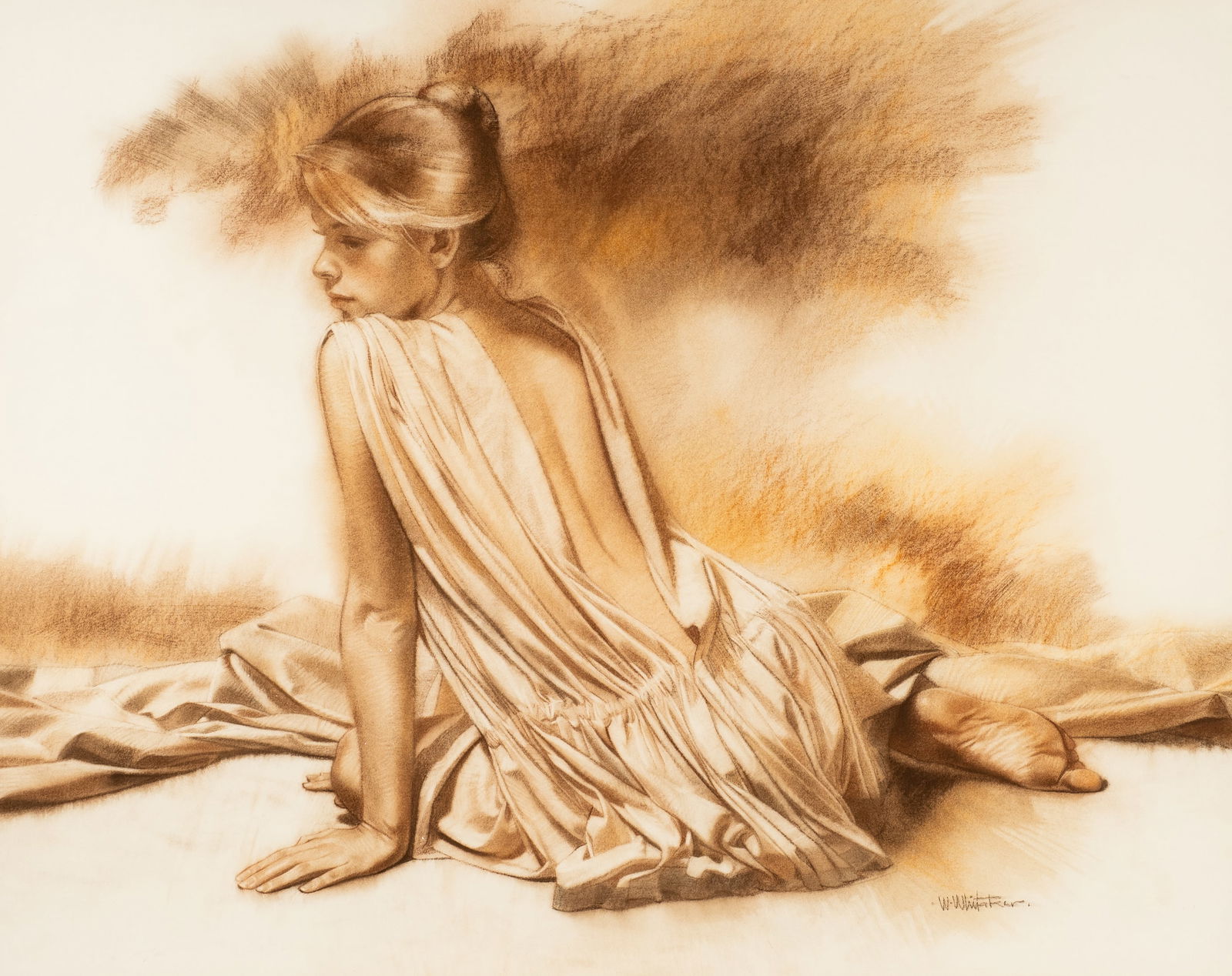 Large Pastel of a Woman, William Whitaker.: William Whitaker Jr. (American, 1943-2018). This large pastel composition on paper is signed lower right. It depicts the back side of a seated woman, her head turned to the side. The work is housed in