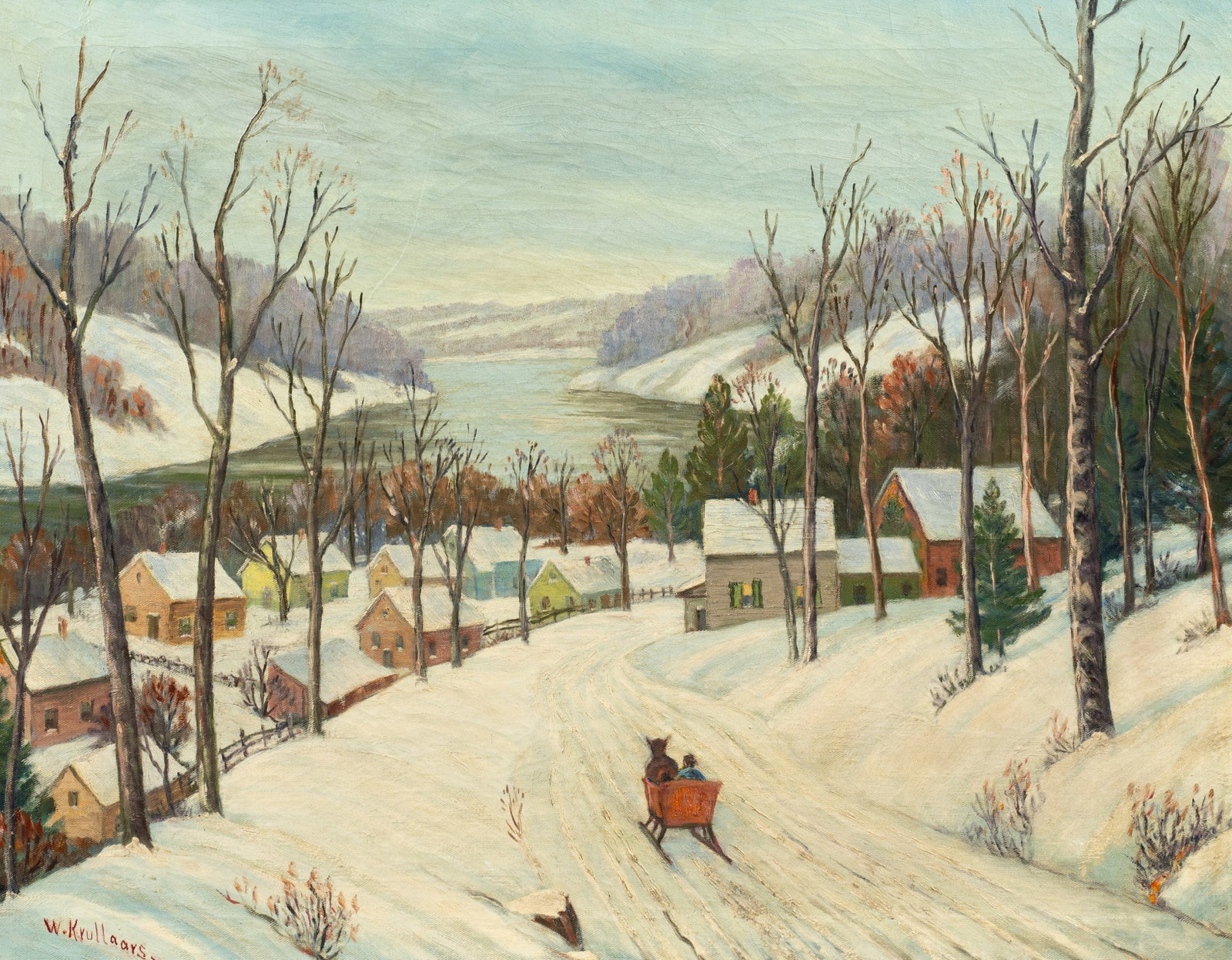 Winter Scene Painting by William Krullaars.: William Krullaars (American, 1878-1945). This oil painting on canvas is signed lower left. It depicts a figure sledding into a colorful village in the mountains. The work is housed in a carved gilt fr