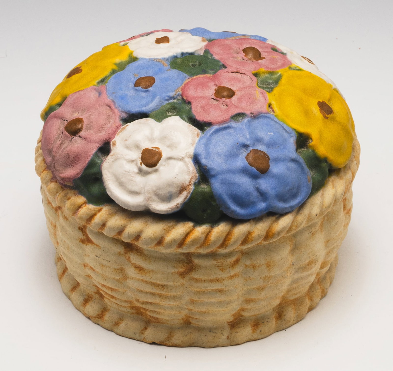 American Terra Cotta Polychrome Flower Basket.: The piece is Unsigned on the Underside; the only visible stamp reads, "1935". There are a few chips along the bottom, as well as some Crazing throughout. The Basket measures 6" in diameter, and 4" tal