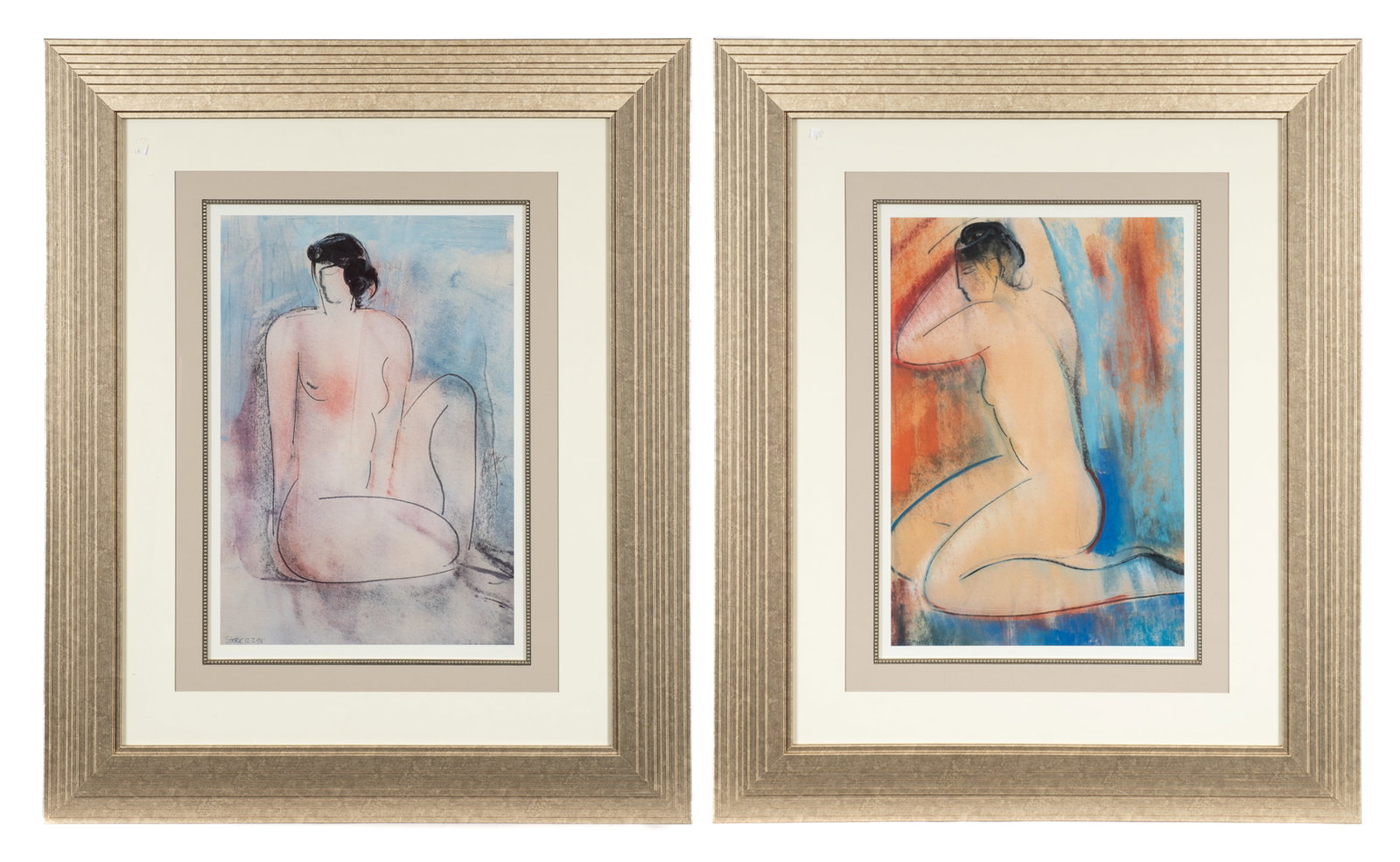 Pr. of Figural Lithographs by Mary Stork.: Both lithographs are signed in-print, lower left. They depict nude women in various poses. The prints are housed in matching silver gilt frames with tri-layer matting. The works are in very good overa