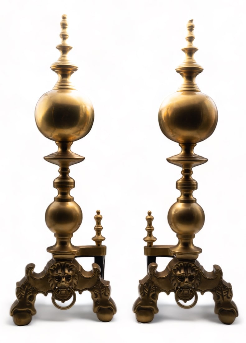 Pair of Large Brass Andirons w/ Lion Heads. (1 of 3)