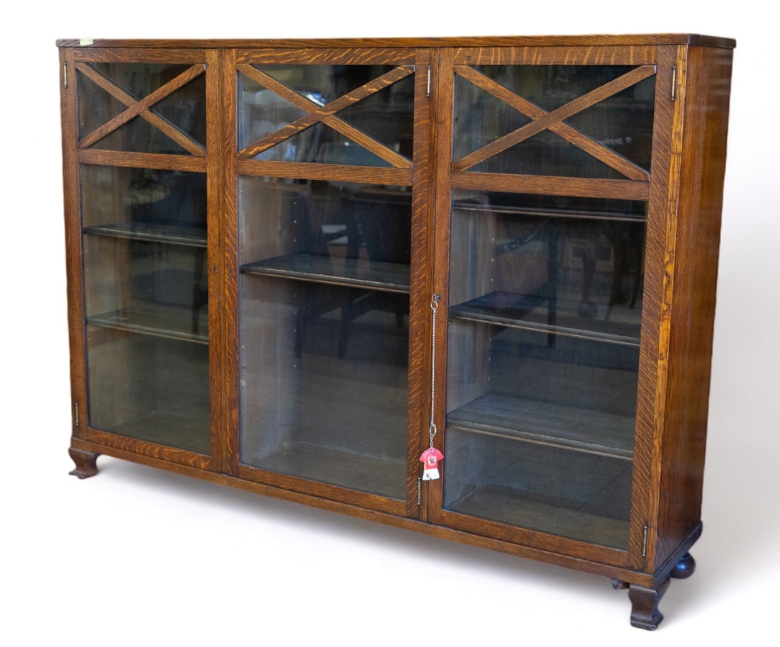Antique Oak Bookcase w/ X Designs. (1 of 2)