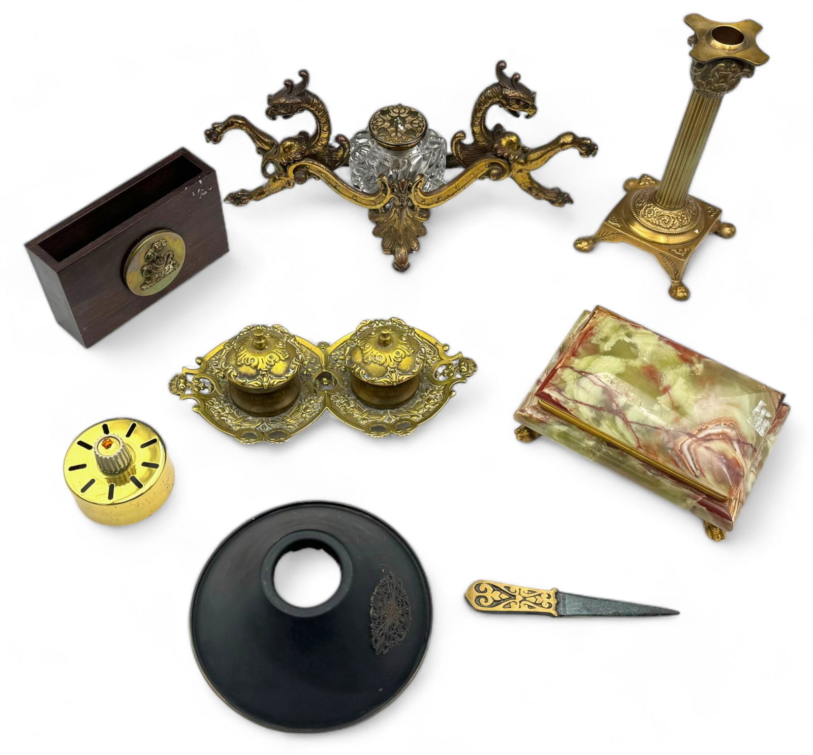 Lot: Victorian Inkwell Sets, Pawfoot Onyx Box, etc (1 of 3)