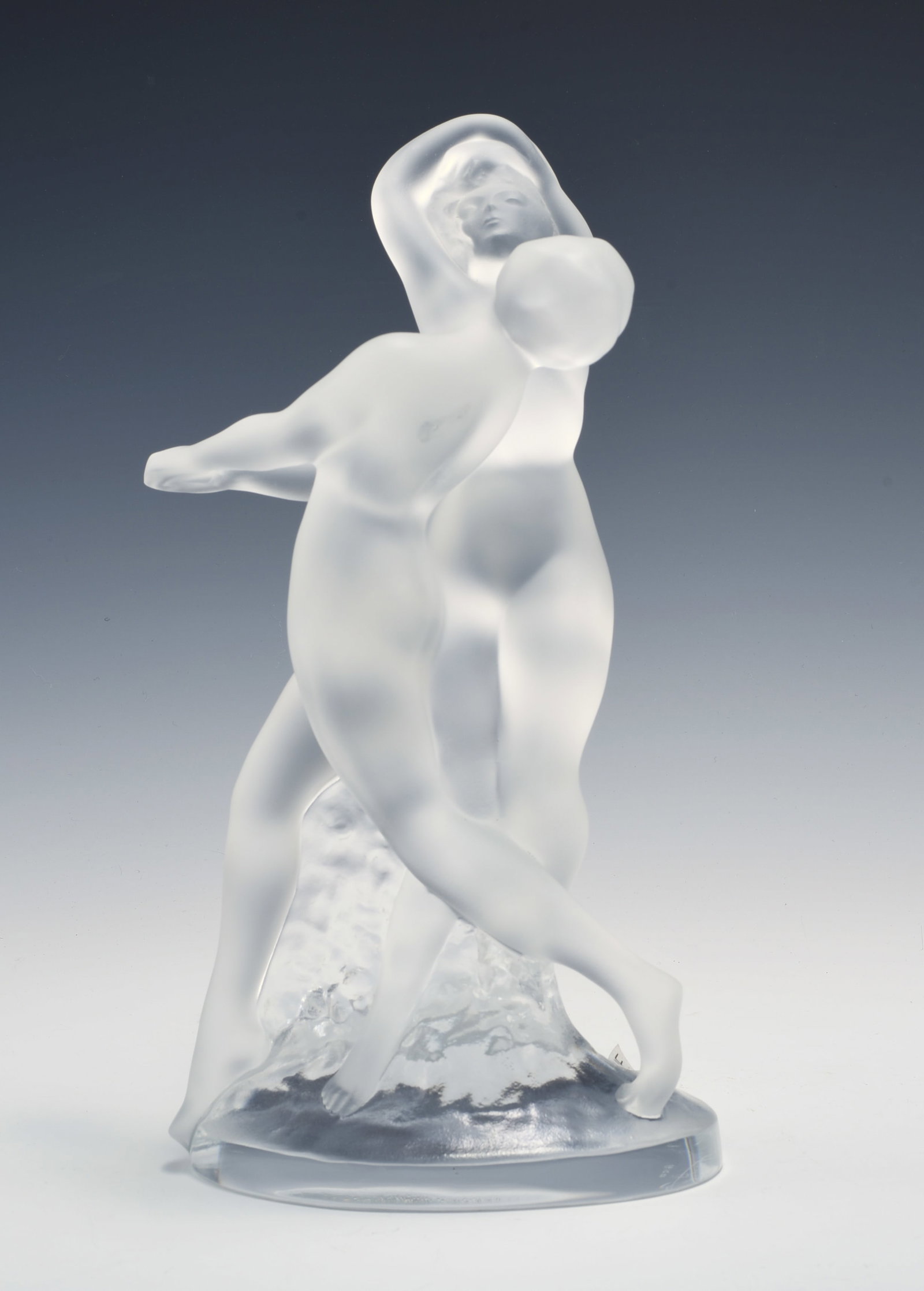 Lalique Crystal "Deux Danseuses" Nude Sculpture.: The Sculpture is Signed by Marc Lalique, son of Rene Lalique. The original Lalique sticker is still affixed to the base. It depicts two nude female dancers in sensual poses. There are Some minor Scrat