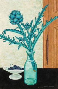 Still Life Painting by Peter Orlando.: Peter Orlando (French, 1921-2009). This still life painting on canvas is signed lower right. It depicts an artichoke stalk in a glass vase, next to a bowl of berries. It is housed in a washed gilt fra