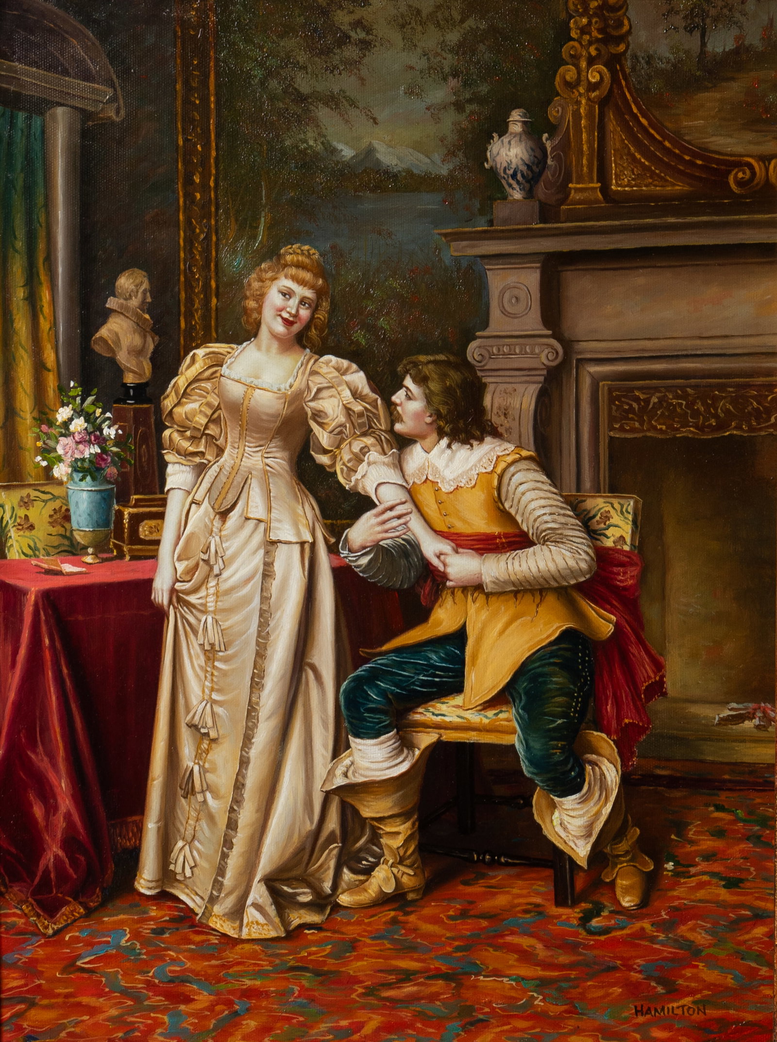 Copy of Tito Conti's "The Proposal".: This paint embellished giclee is signed "Hamilton", lower right. It depicts a man embracing a smiling woman's arm, the couple seated in a heavily decorated room. The work is after Tito Conti (Italian,