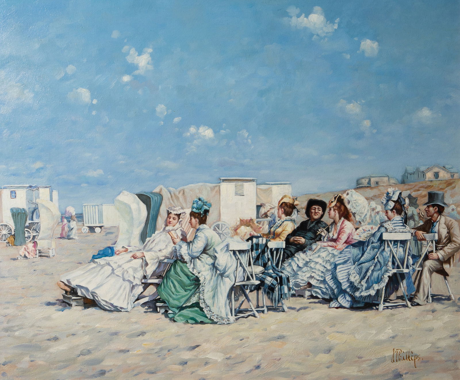 Victorian Beach Scene, Sgd. P. Phillips.: This paint embellished giclee on canvas is signed lower right. The contemporary work is very reminiscent of Eugene Boudin's beach scenes, and is likely a copy after him. The work is housed in a gilt f