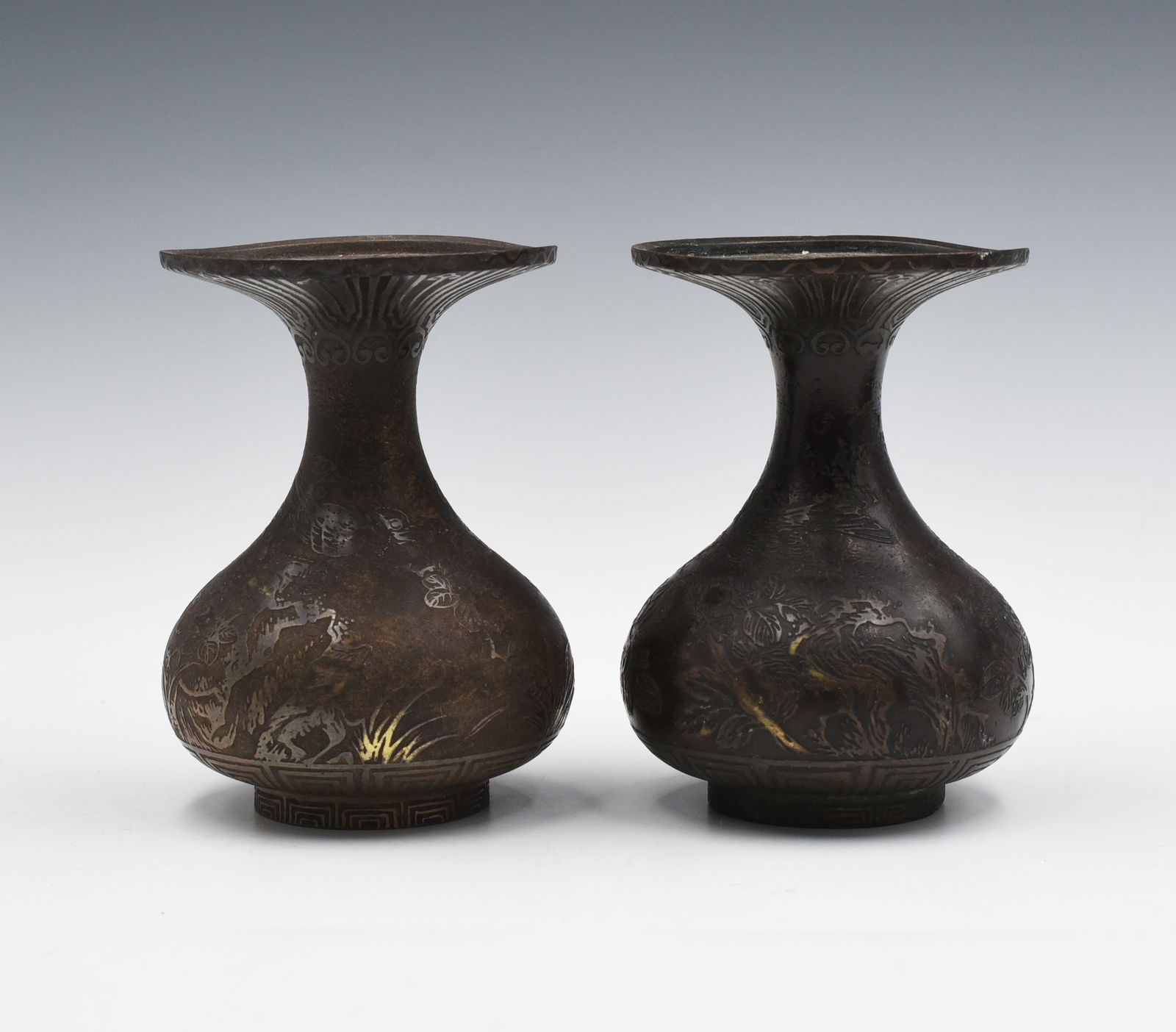 Pair of Old Bronze Japanese Small Vases. (1 of 4)
