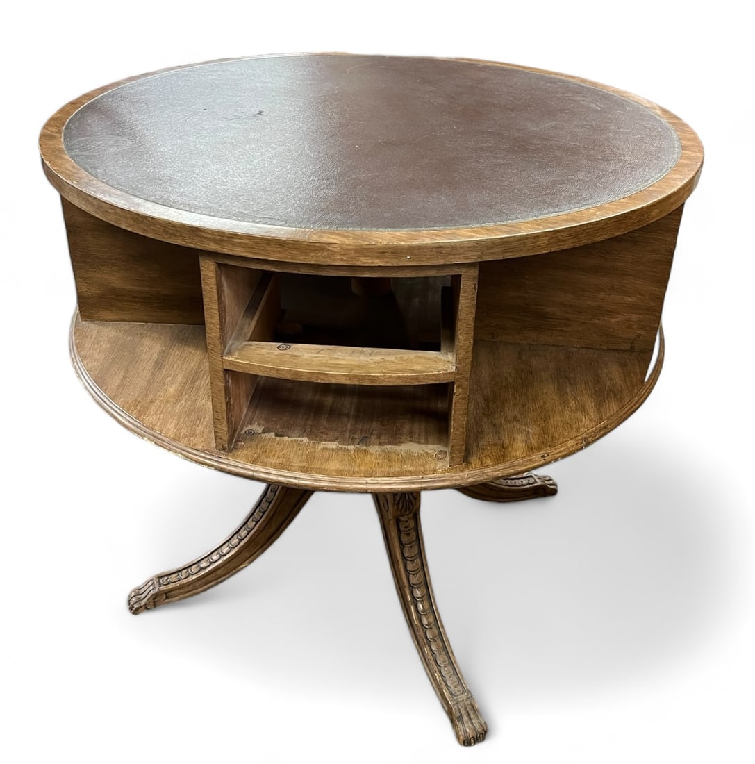 Large Dark Wood Pedestal Drum Table. (1 of 2)