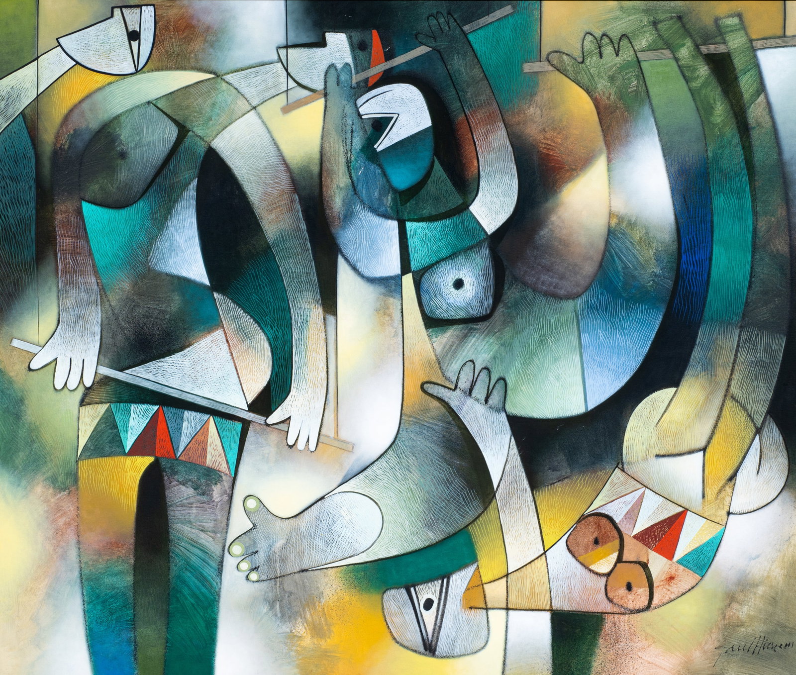 Figural Cubism Painting, Orestes Gaulhiac.: Orestes Gaulhiac (Cuba, b. 1960). This mixed-media painting on canvas is signed "Gaulhiac, 2001", lower right. The work is housed in a striped silver gilt frame. The painting has a few scratches upper